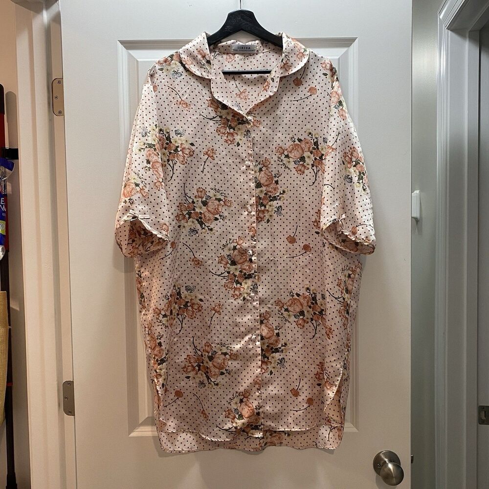 Isrida Collection Vintage Women’s XL Silk Button Up Midi Shirt Dress Sleepwear